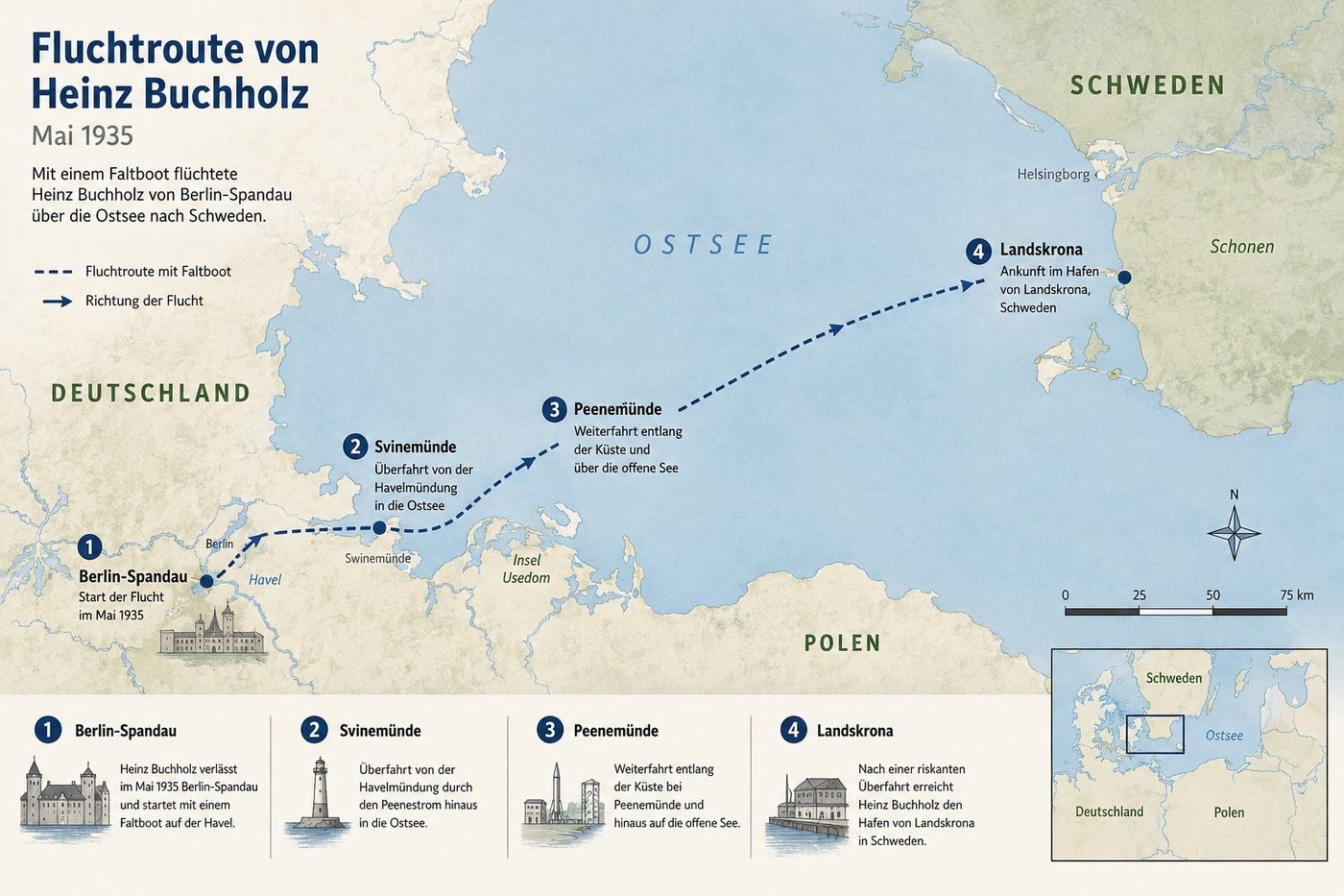 Fluchtroute von Heinz und Elfriede von Berlin-Spandau über Swinemünde und Peenemünde zum Hafen von Landskrona an der schwedischen Küste, Mai 1935